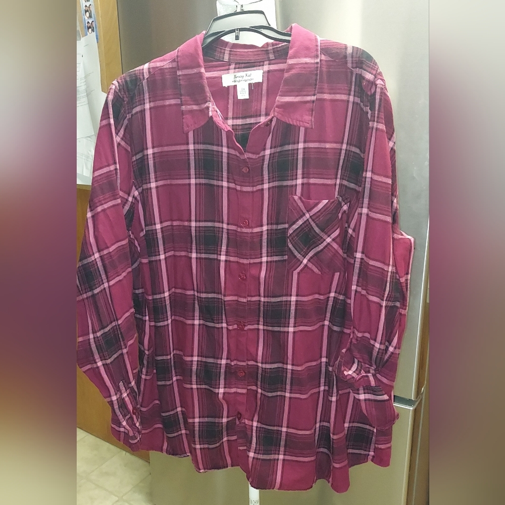 Womans Krazy Kat Long Sleeve Plaid Button Down Shirt Plus Size 2X Back Ties